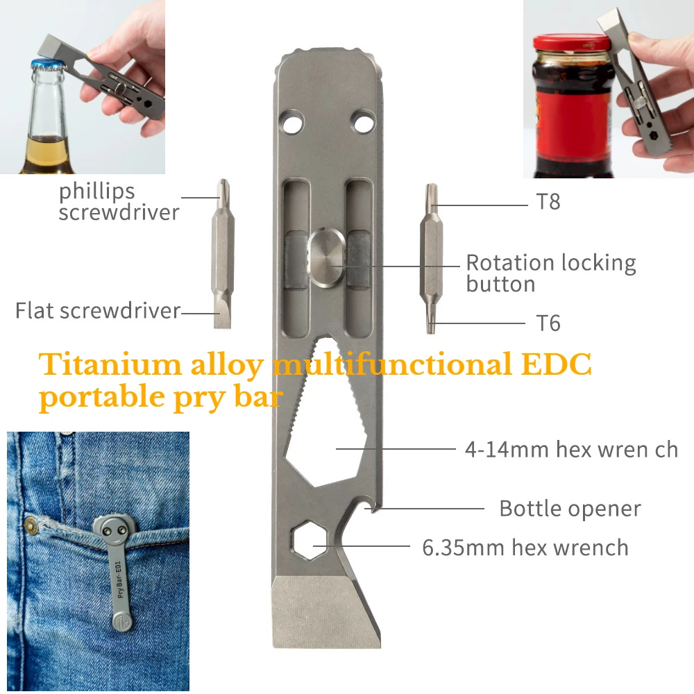 Titanium Pry Bar - Multifunctionele titaniumlegering EDC-ontgrendelingsstang met antisliphandgreep, draagbaar