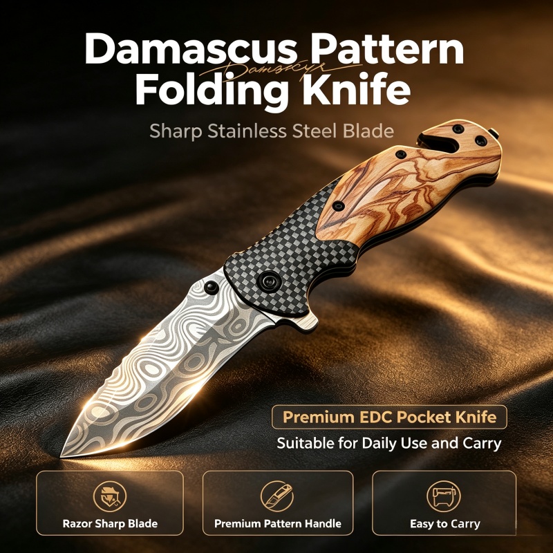 Edc Daily Carry - Damascus patroon vouwmes, scherp roestvrijstalen lemmet,
